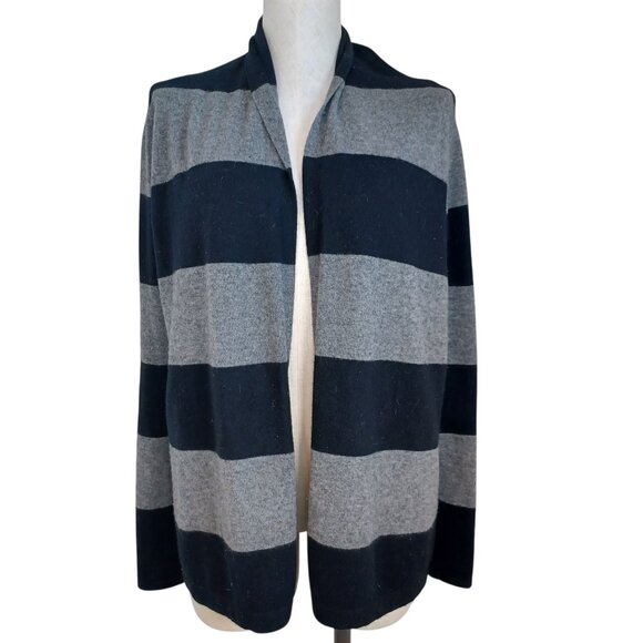 Theory Cashmere Cardigan Ashtry R Royal Black Gray Stripes Open Front Size Small - Picture 1 of 10